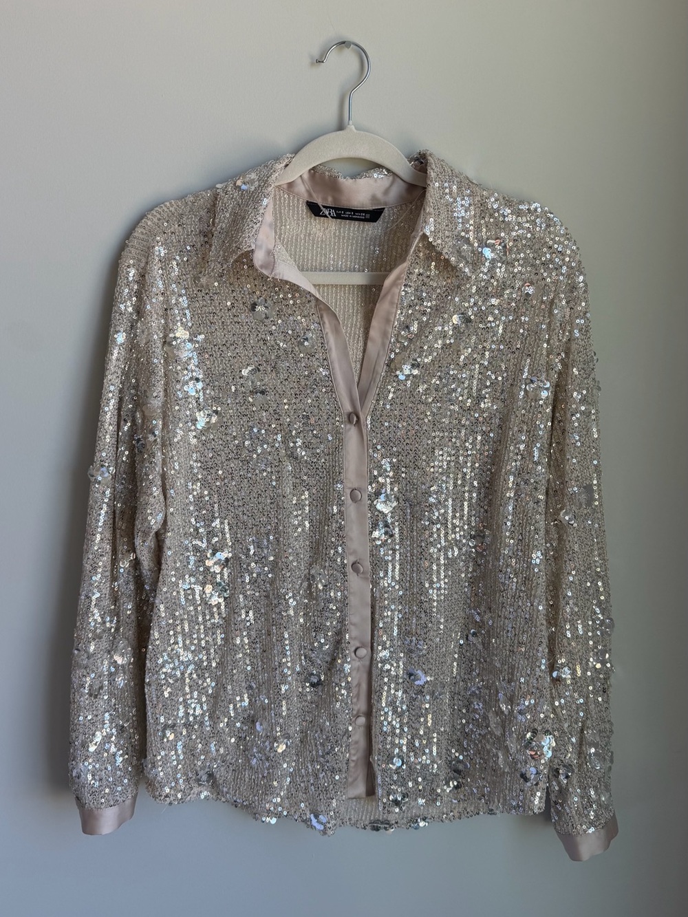 Zara Silver Sequin Button-Down Shirt Size Small